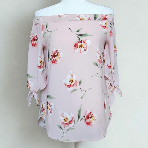 Monteau NWT Women's Off Shoulder Blush Pink Floral Tie Sleeve Blouse Size M - Picture 2 of 9